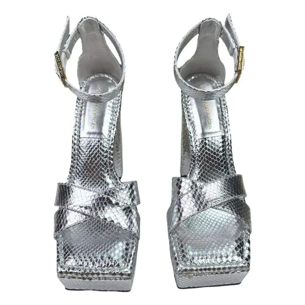 Good American Silver Snake Embossed Open Toe Platform Sandals - Size 8